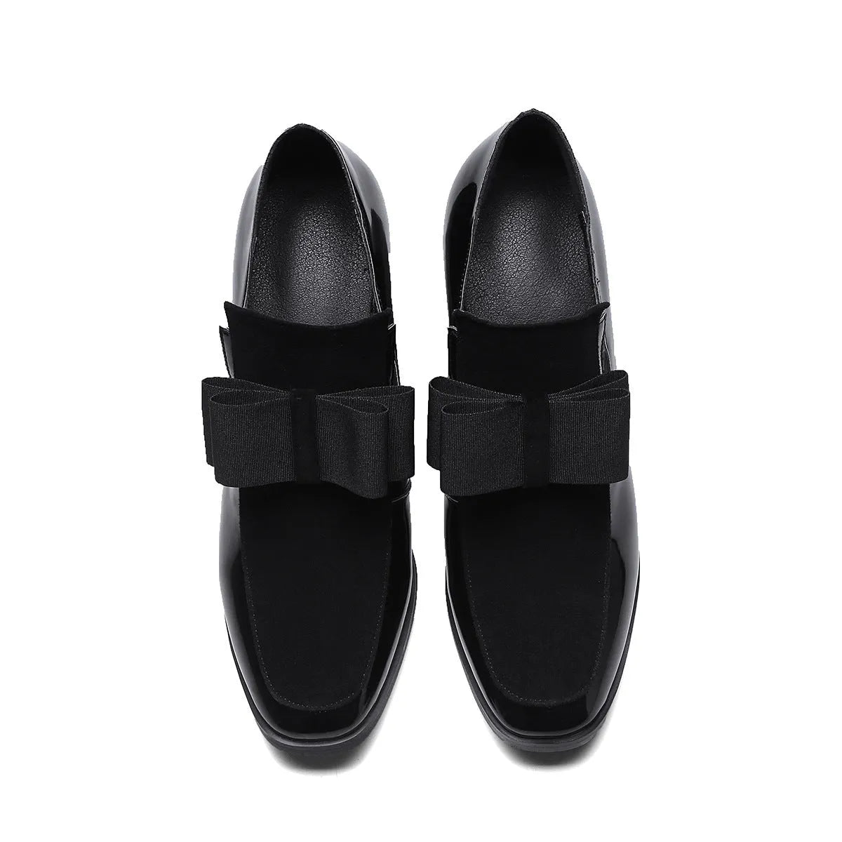 Women's black patent leather high heels with thick heel and square toe design