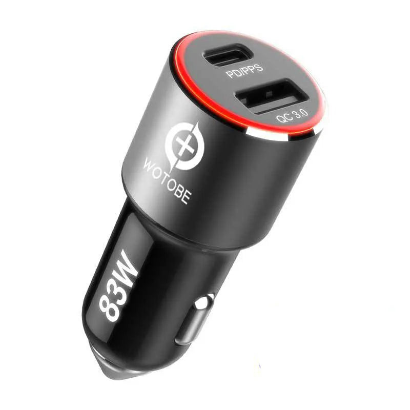 Dual port 83W fast car charger with USB C and QC3.0 ports for laptops and phones.