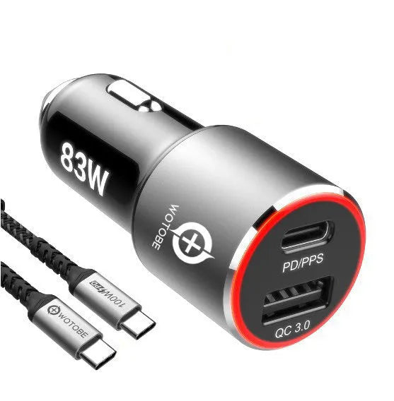 Dual port 83W fast car charger with USB C and QC3.0 ports for laptops and phones.