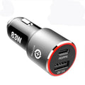 Dual port 83W fast car charger with USB C and QC3.0 ports for laptops and phones.