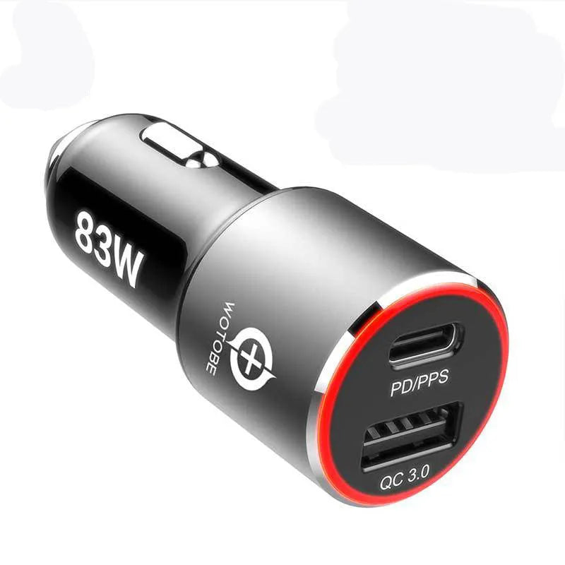 Dual port 83W fast car charger with USB C and QC3.0 ports for laptops and phones.