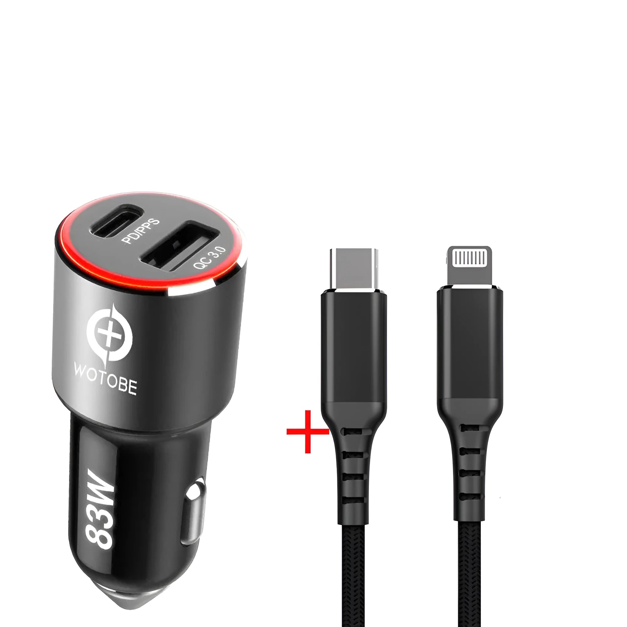 Dual port 83W fast car charger with USB C and QC3.0 ports for laptops and phones.