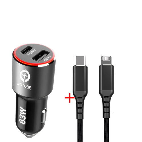 Dual port 83W fast car charger with USB C and QC3.0 ports for laptops and phones.