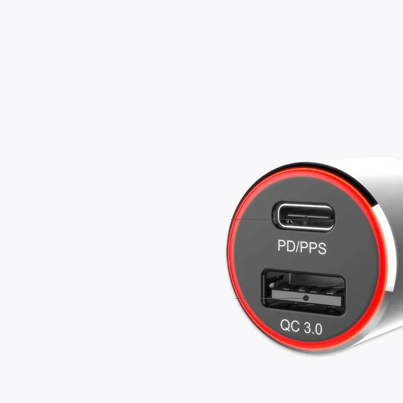 Dual port 83W fast car charger with USB C and QC3.0 ports for laptops and phones.
