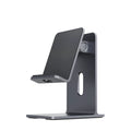 Alloy desktop mobile phone holder bracket showing adjustable angle and universal clamp for phones and tablets