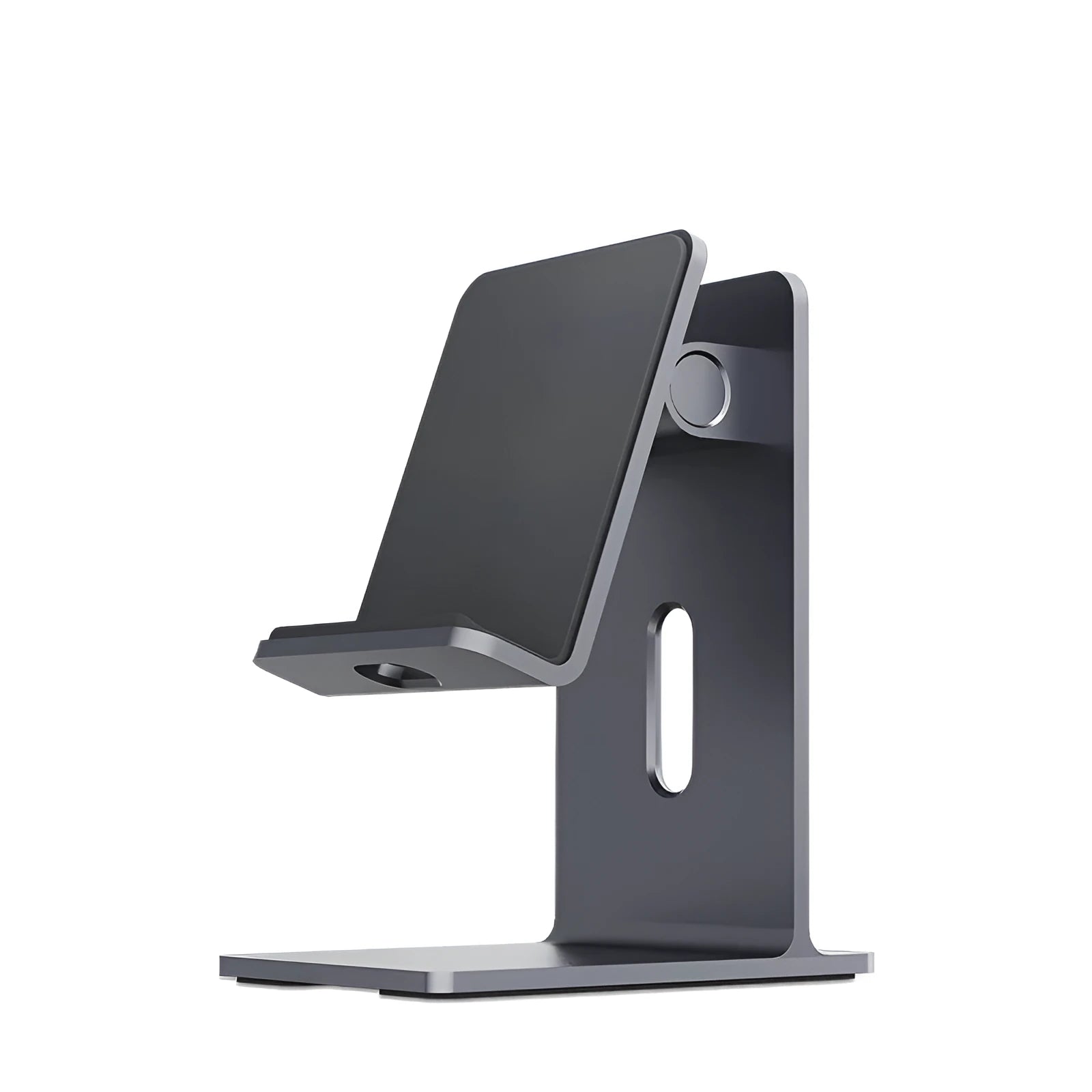 Alloy desktop mobile phone holder bracket showing adjustable angle and universal clamp for phones and tablets
