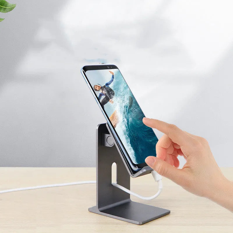 Alloy desktop mobile phone holder bracket showing adjustable angle and universal clamp for phones and tablets