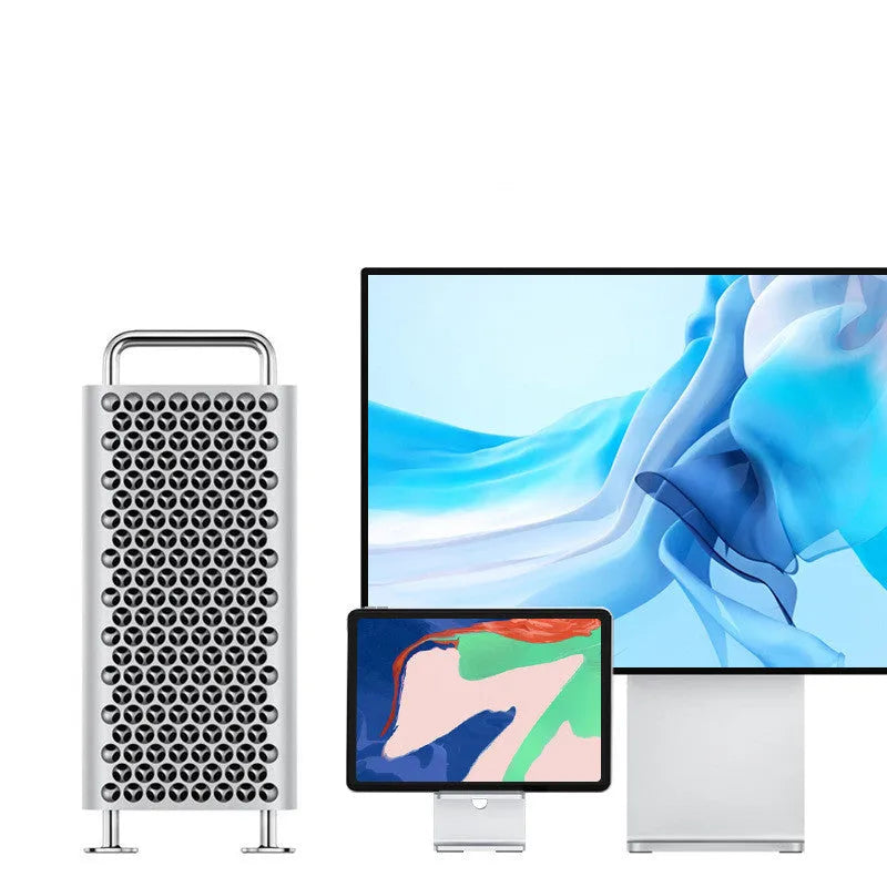 Alloy desktop mobile phone holder bracket showing adjustable angle and universal clamp for phones and tablets