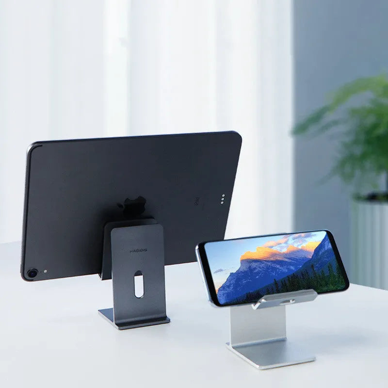 Alloy desktop mobile phone holder bracket showing adjustable angle and universal clamp for phones and tablets