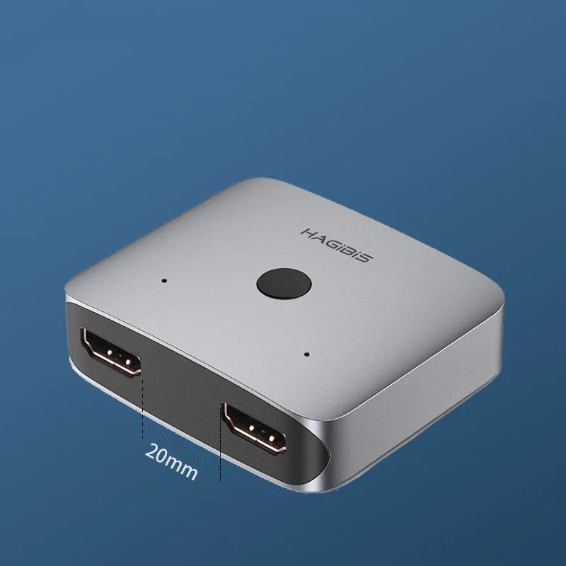 Grey Haibeisi HDMI switcher with two input ports and one output port for 4K video transmission