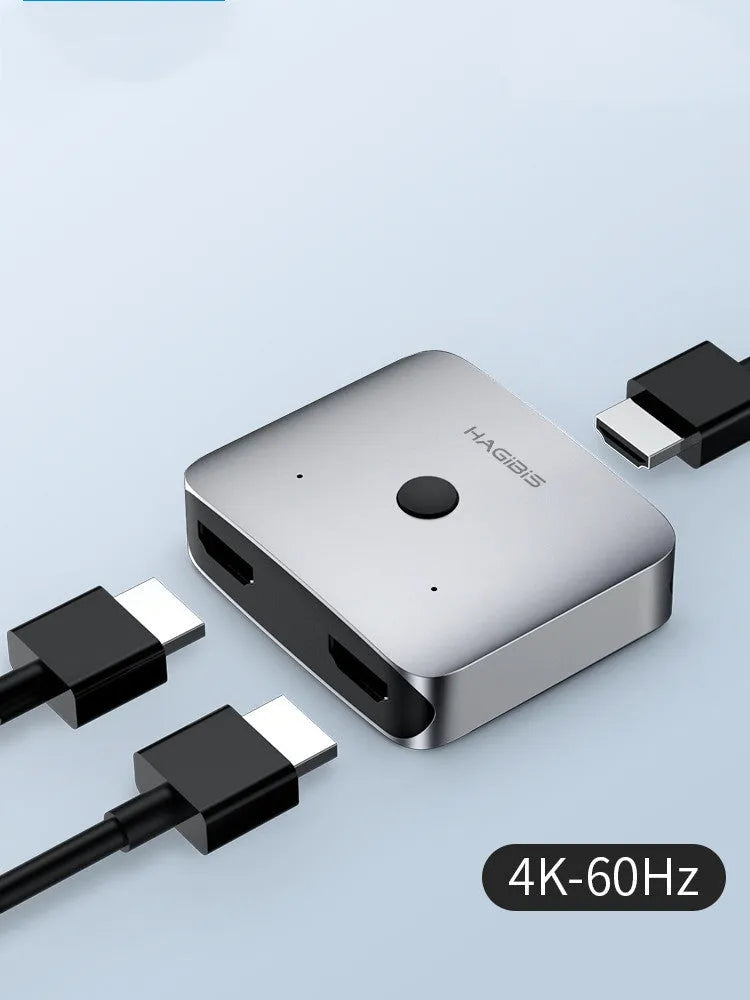 Grey Haibeisi HDMI switcher with two input ports and one output port for 4K video transmission