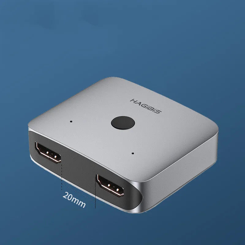 Grey Haibeisi HDMI switcher with two input ports and one output port for 4K video transmission