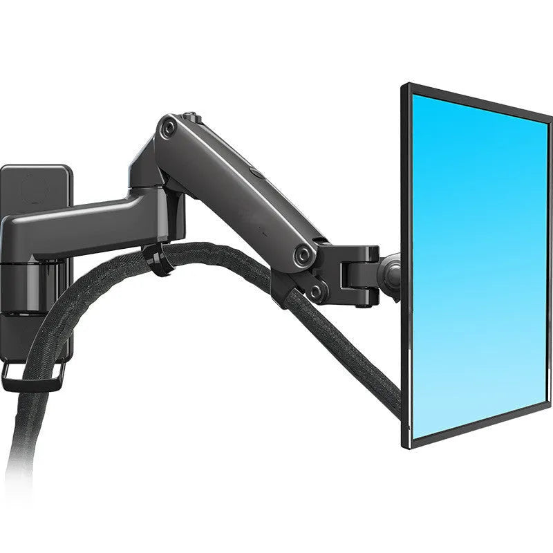 Black wall-mounted computer monitor stand with telescopic arm and rotating screen mount