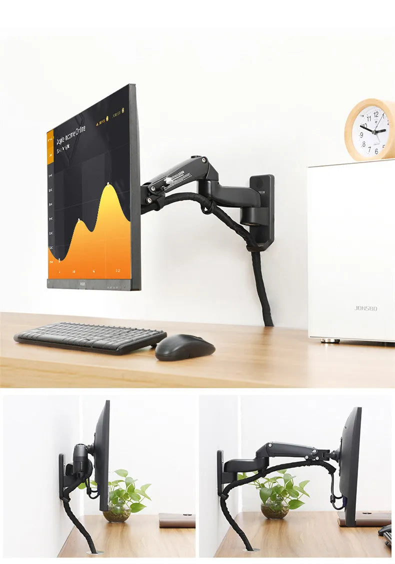 Black wall-mounted computer monitor stand with telescopic arm and rotating screen mount