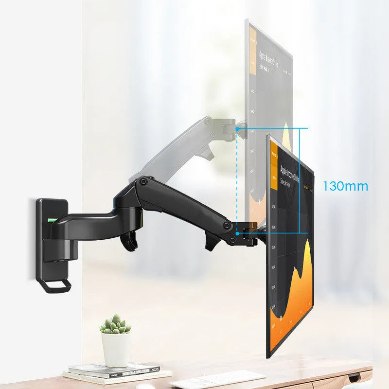 Black wall-mounted computer monitor stand with telescopic arm and rotating screen mount