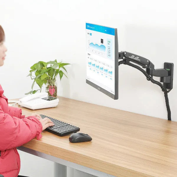Black wall-mounted computer monitor stand with telescopic arm and rotating screen mount