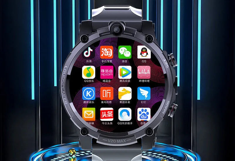 Black 4G smart phone watch with 1.6 inch screen, dual cameras, and wrist strap on adult arm