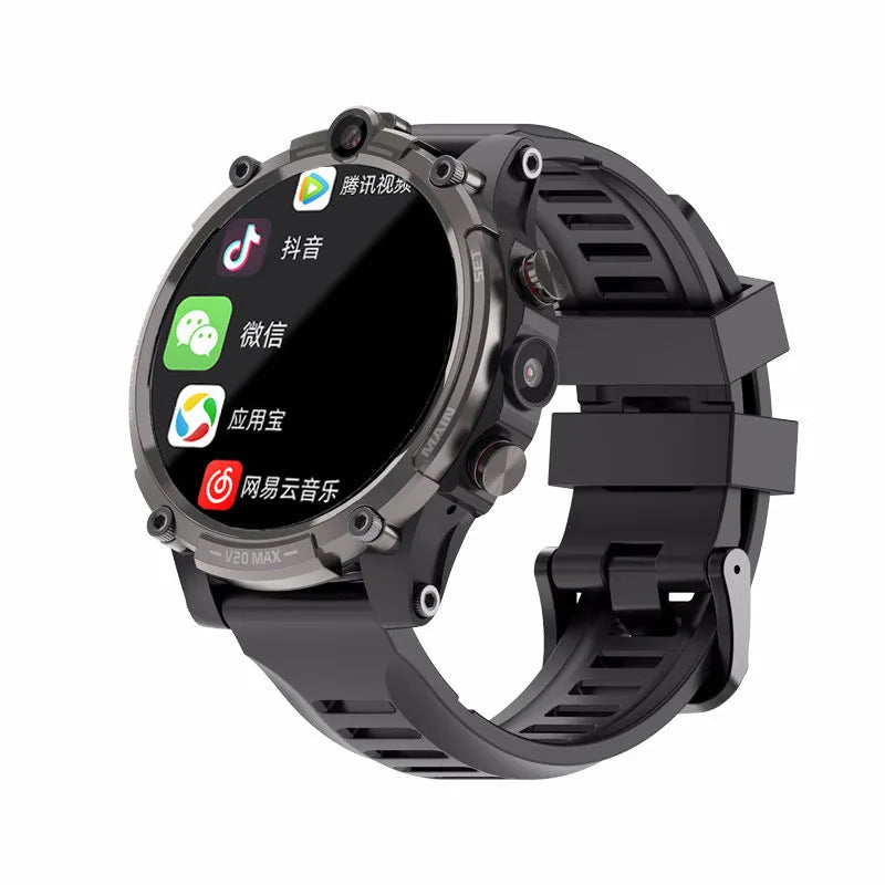 Black 4G smart phone watch with 1.6 inch screen, dual cameras, and wrist strap on adult arm