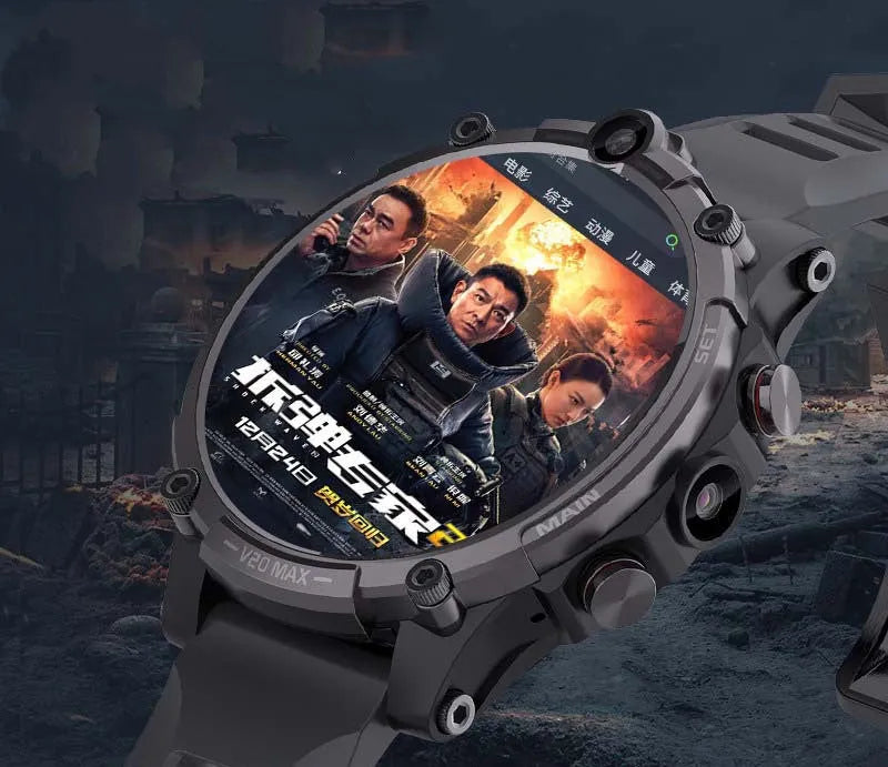 Black 4G smart phone watch with 1.6 inch screen, dual cameras, and wrist strap on adult arm
