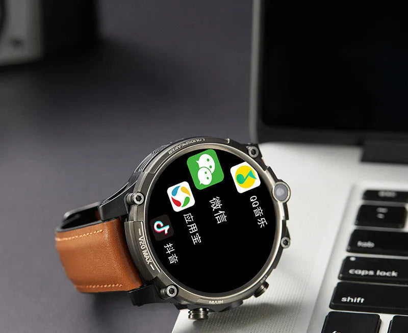 Black 4G smart phone watch with 1.6 inch screen, dual cameras, and wrist strap on adult arm