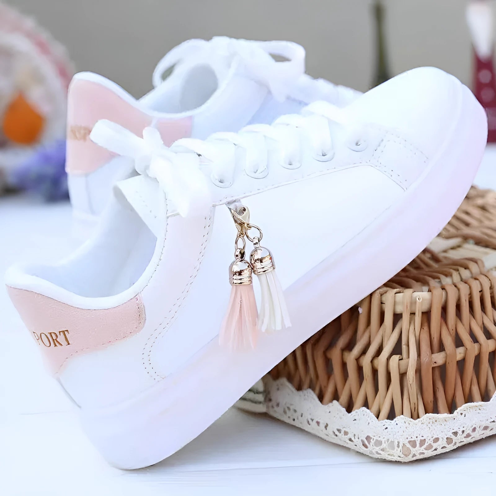 White mesh women's casual flat shoes with a 4cm heel, shown in pink and black colour options.