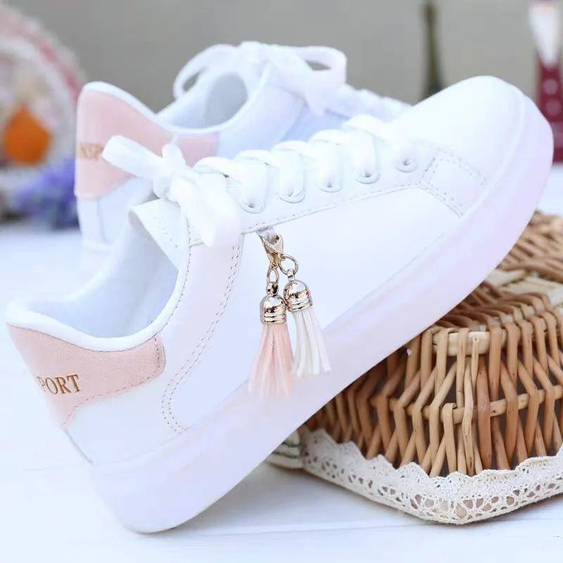 White mesh women's casual flat shoes with a 4cm heel, shown in pink and black colour options.