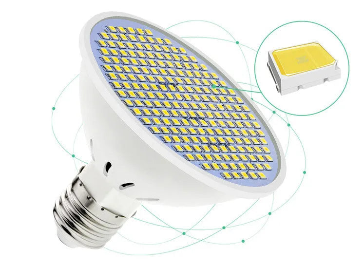 E27 screw base LED lamp cup bulb showing warm white and cool white light options.