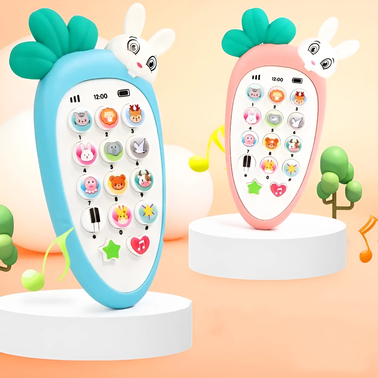 Pink, blue, green, and orange baby electronic phone toy with colourful buttons.