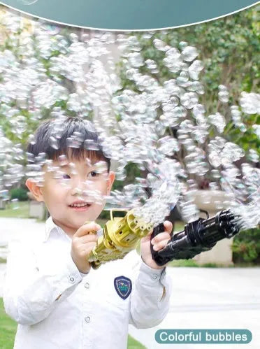 Kids plastic bubble machine gun toy in pink, gold or black colour with trigger.