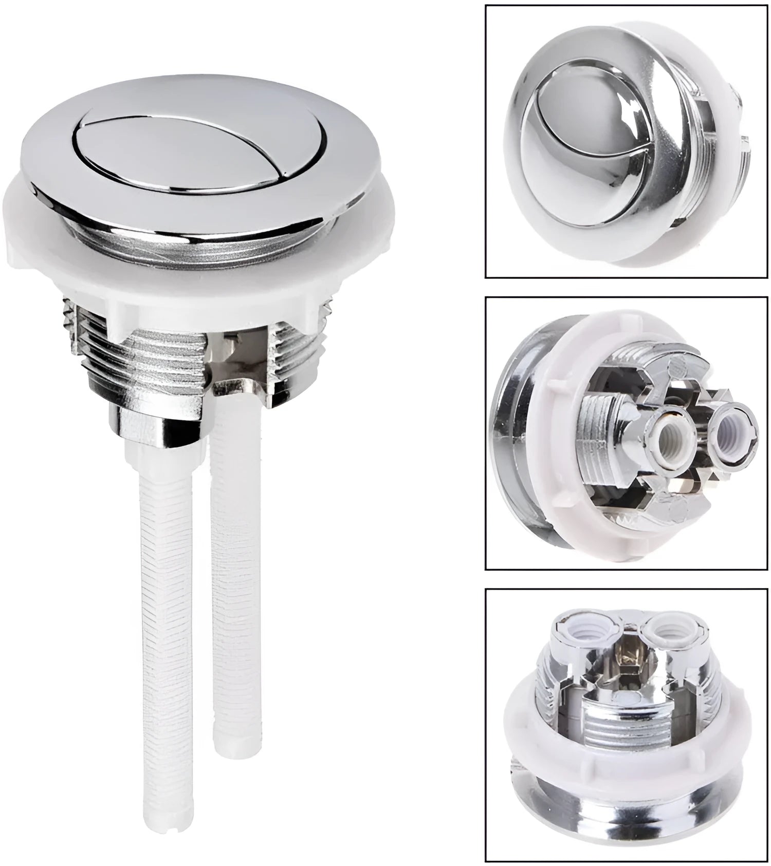 38mm double push button toilet flush valve made from white ABS plastic.