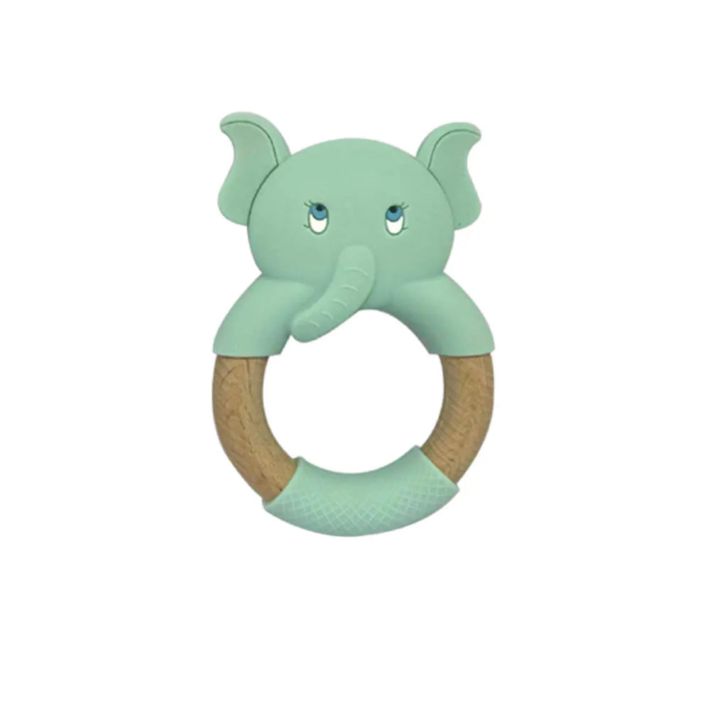 Blue elephant-shaped silicone teether on white background, made from 100% food grade silicone