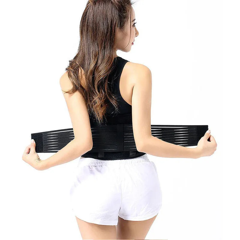 Black self-heating waist protection fixed belt with magnetic therapy for lumbar support on a beige background.