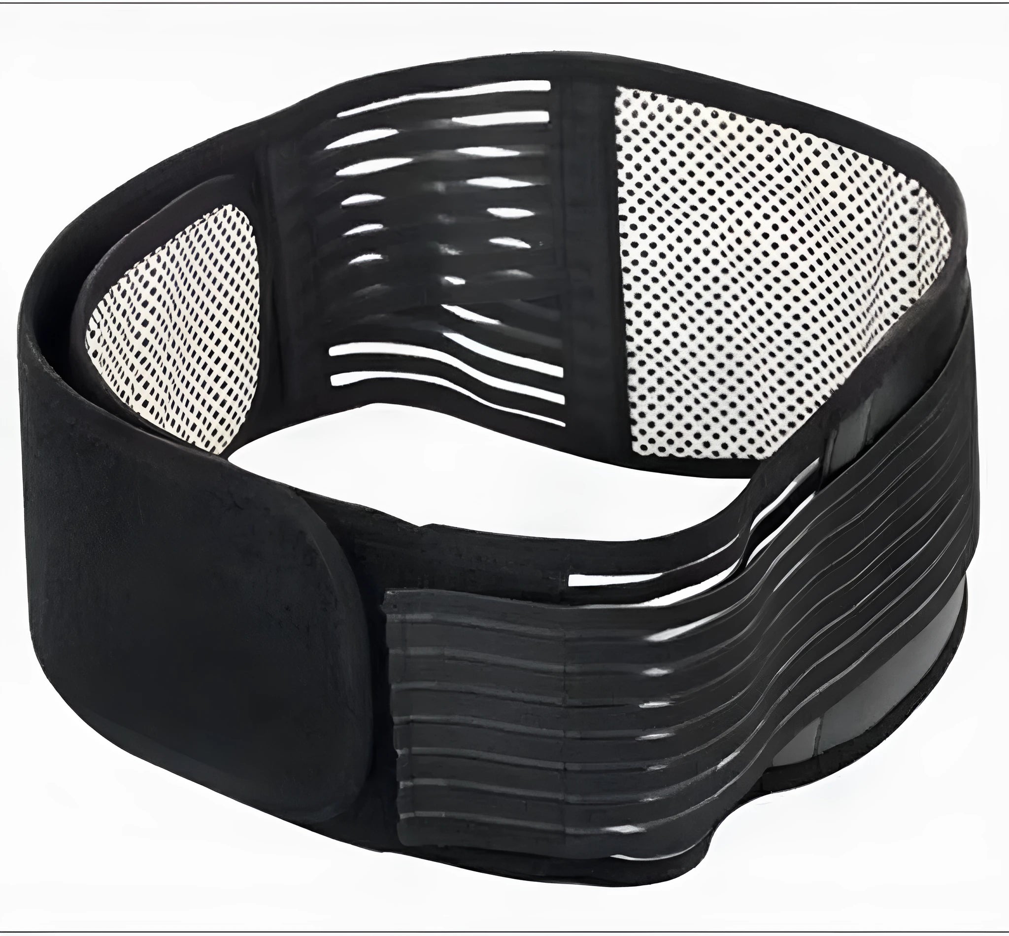 Black self-heating waist protection fixed belt with magnetic therapy for lumbar support on a beige background.