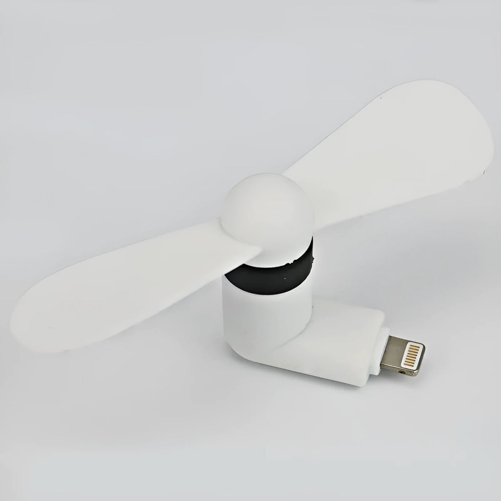 White portable mobile phone mini fan with rotary switch and plastic blades for smartphone cooling