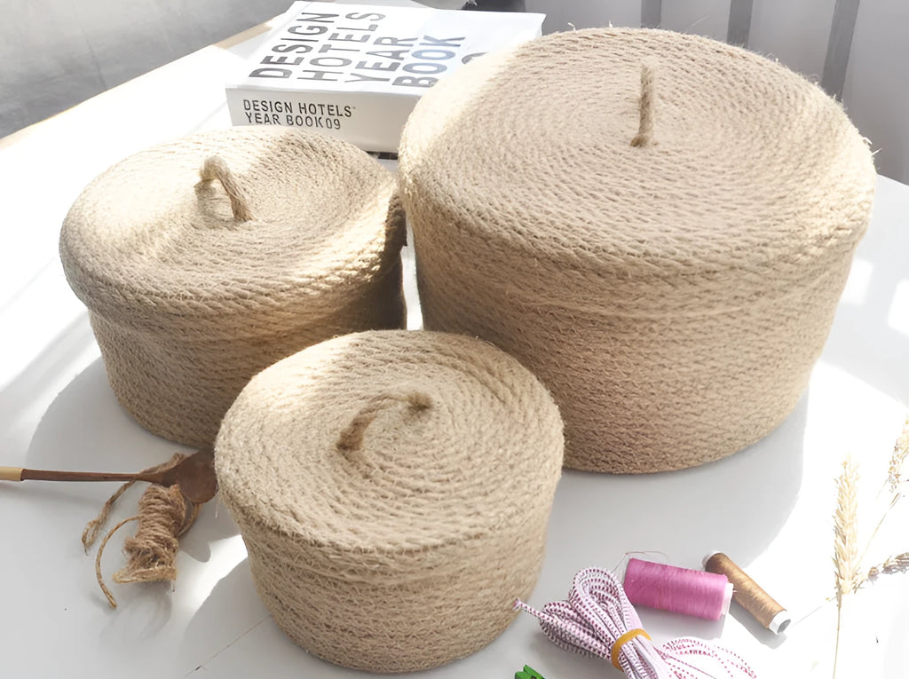 Japanese style fabric storage basket with dustproof lid in small, medium, and large sizes.