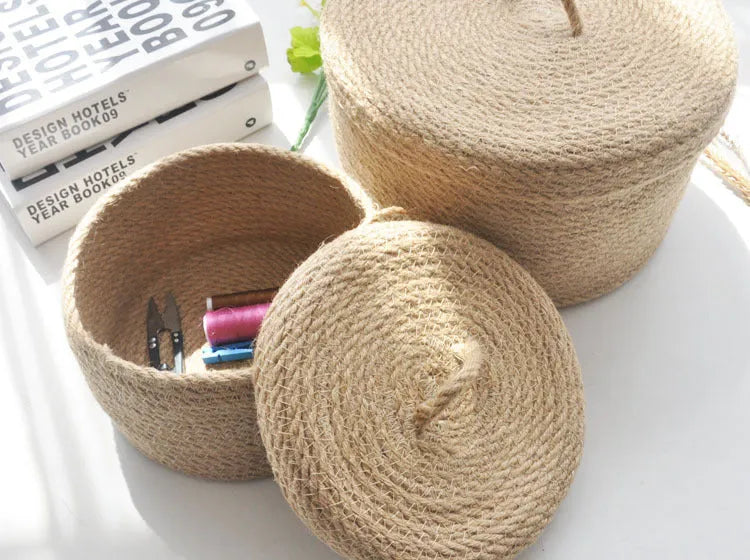 Japanese style fabric storage basket with dustproof lid in small, medium, and large sizes.
