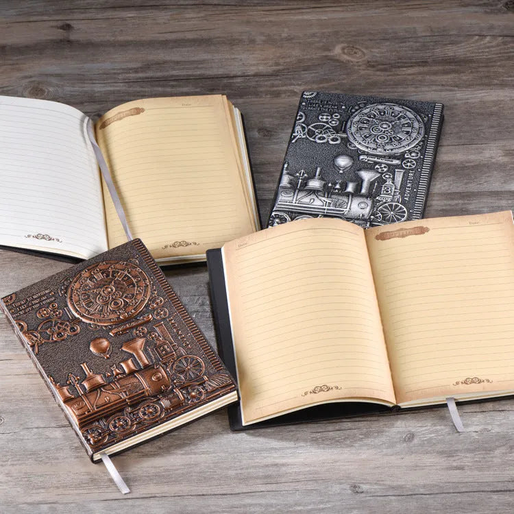 Retro embossed A5 notepad diary in metallic bronze or silver finish with leather-mounted cover