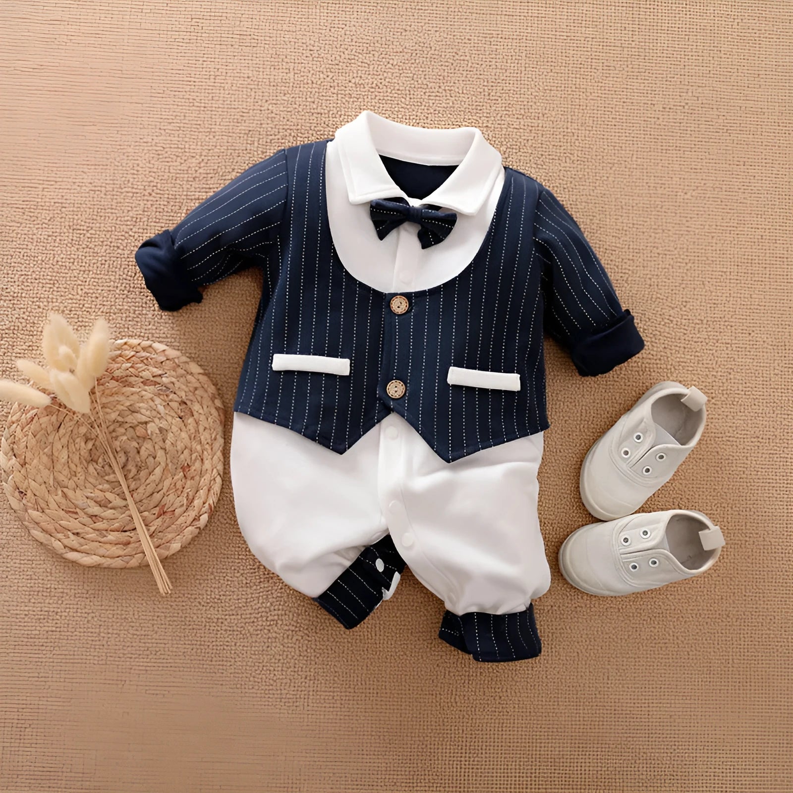 Gentleman-style cotton baby jumpsuit for boys in navy blue with long sleeves.