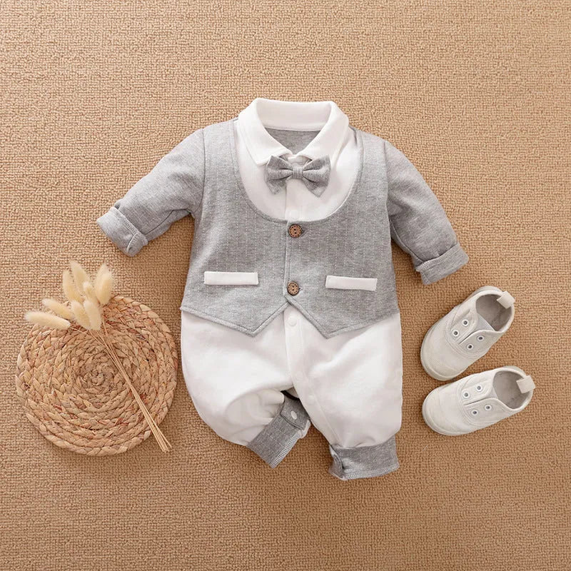 Gentleman-style cotton baby jumpsuit for boys in navy blue with long sleeves.