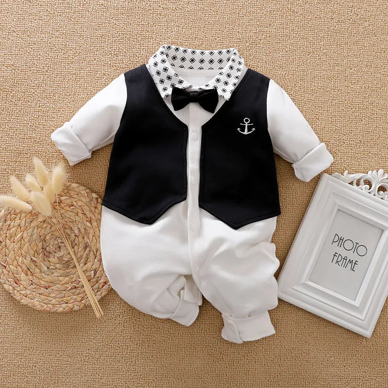 Gentleman-style cotton baby jumpsuit for boys in navy blue with long sleeves.