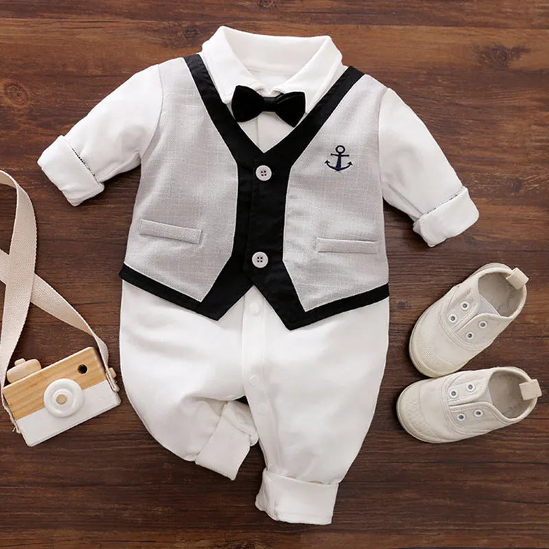 Gentleman-style cotton baby jumpsuit for boys in navy blue with long sleeves.