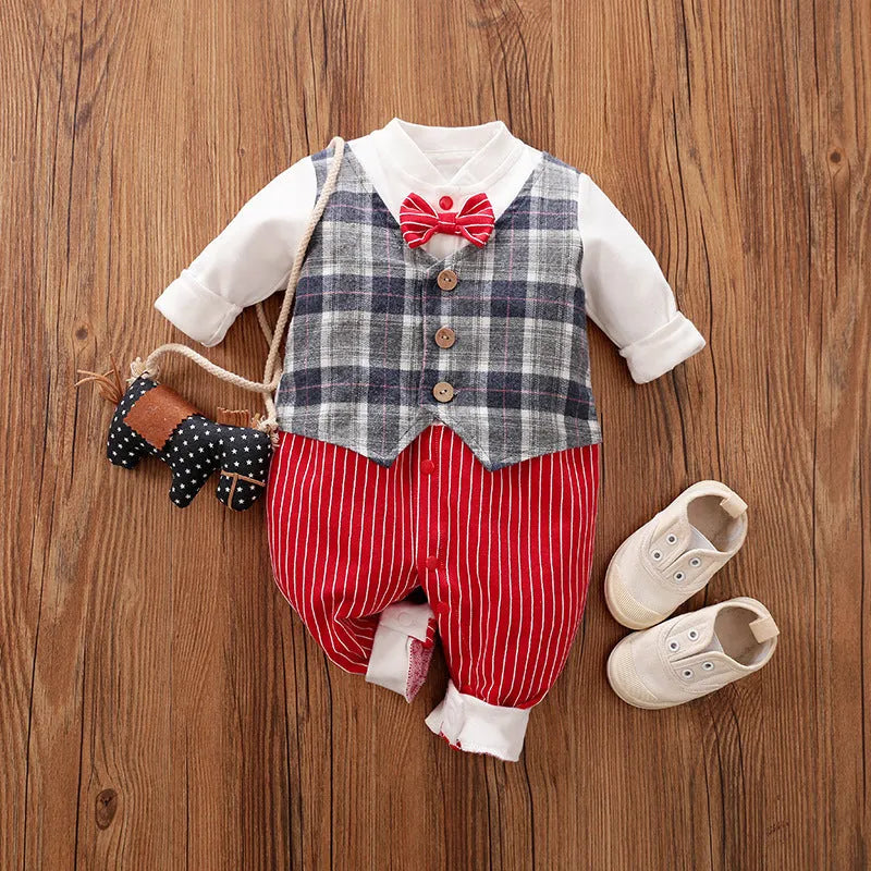 Gentleman-style cotton baby jumpsuit for boys in navy blue with long sleeves.