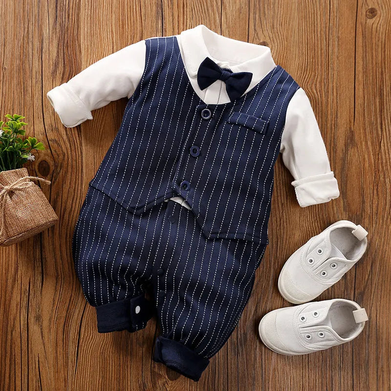 Gentleman-style cotton baby jumpsuit for boys in navy blue with long sleeves.