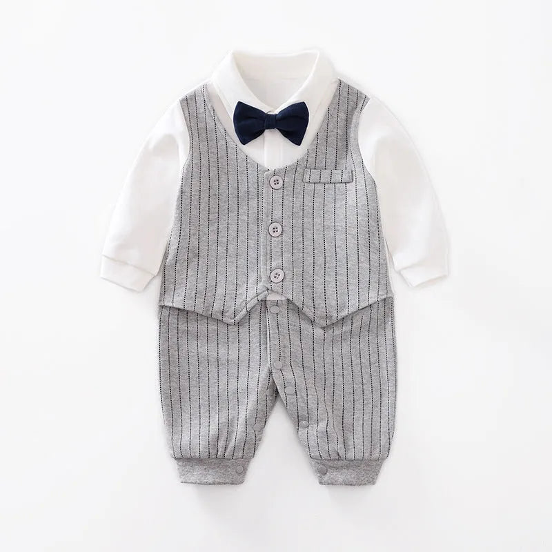 Gentleman-style cotton baby jumpsuit for boys in navy blue with long sleeves.