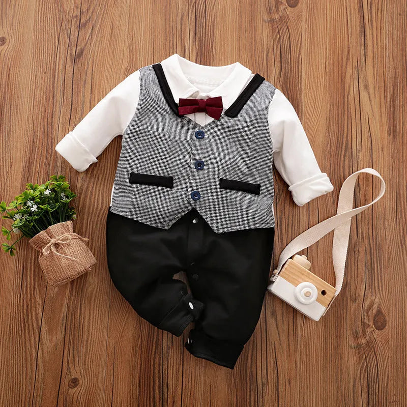 Gentleman-style cotton baby jumpsuit for boys in navy blue with long sleeves.