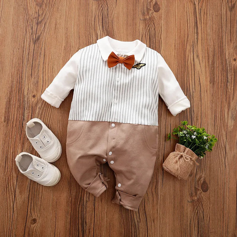 Gentleman-style cotton baby jumpsuit for boys in navy blue with long sleeves.