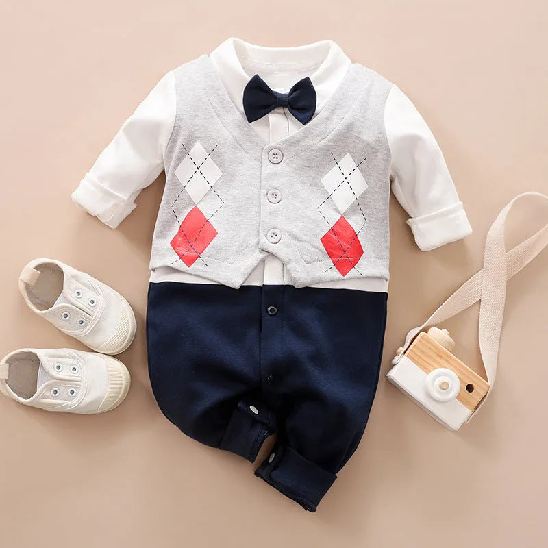 Gentleman-style cotton baby jumpsuit for boys in navy blue with long sleeves.