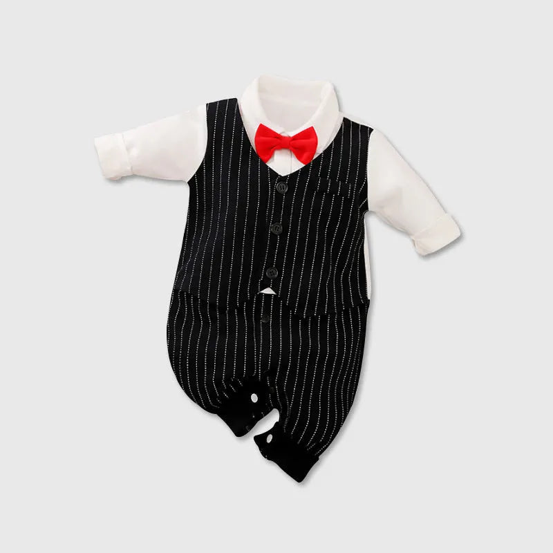 Gentleman-style cotton baby jumpsuit for boys in navy blue with long sleeves.
