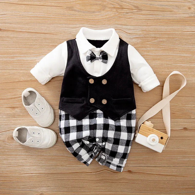 Gentleman-style cotton baby jumpsuit for boys in navy blue with long sleeves.