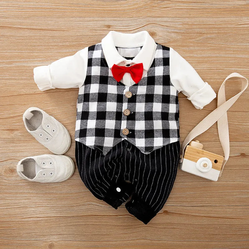 Gentleman-style cotton baby jumpsuit for boys in navy blue with long sleeves.